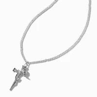 Silver-tone Long Nail Cross Rose Pendant Necklace