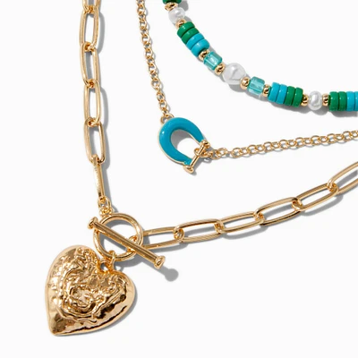 Gold-tone Heart Turquoise Beaded Multi-Strand Necklace