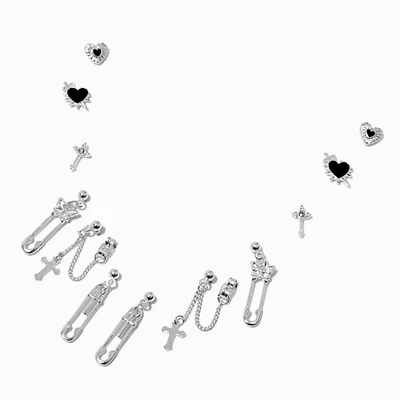 Silver-tone Safety Pin Grunge Earring Stackables Set - 6 Pack