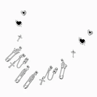 Silver-tone Safety Pin Grunge Earring Stackables Set - 6 Pack