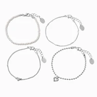 Silver-tone Heart & Pearl Chain Bracelets - 4 Pack 