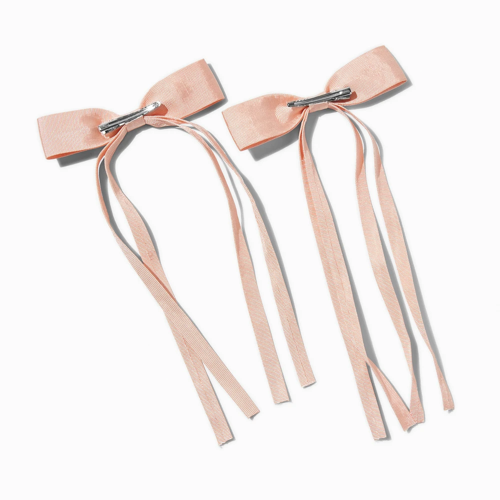 Blush Pink Grosgrain Ribbon Long Tail Hair Bow Clips - 2 Pack