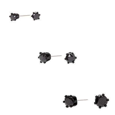 Black Cubic Zirconia 3mm, 4mm, & 5mm Round Stud Earrings - 3 Pack 