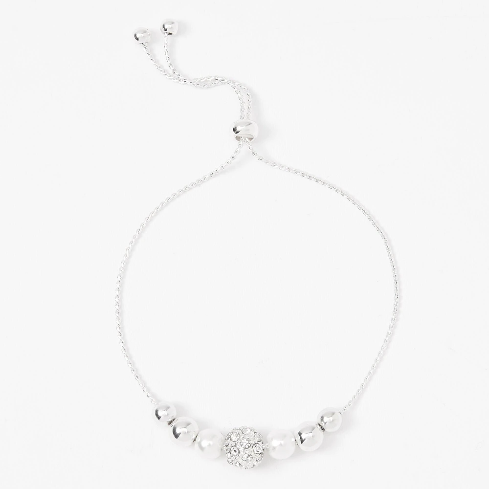 Silver-tone Crystal Fireball & Pearl Bolo Bracelet