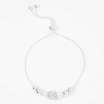 Silver-tone Crystal Fireball & Pearl Bolo Bracelet