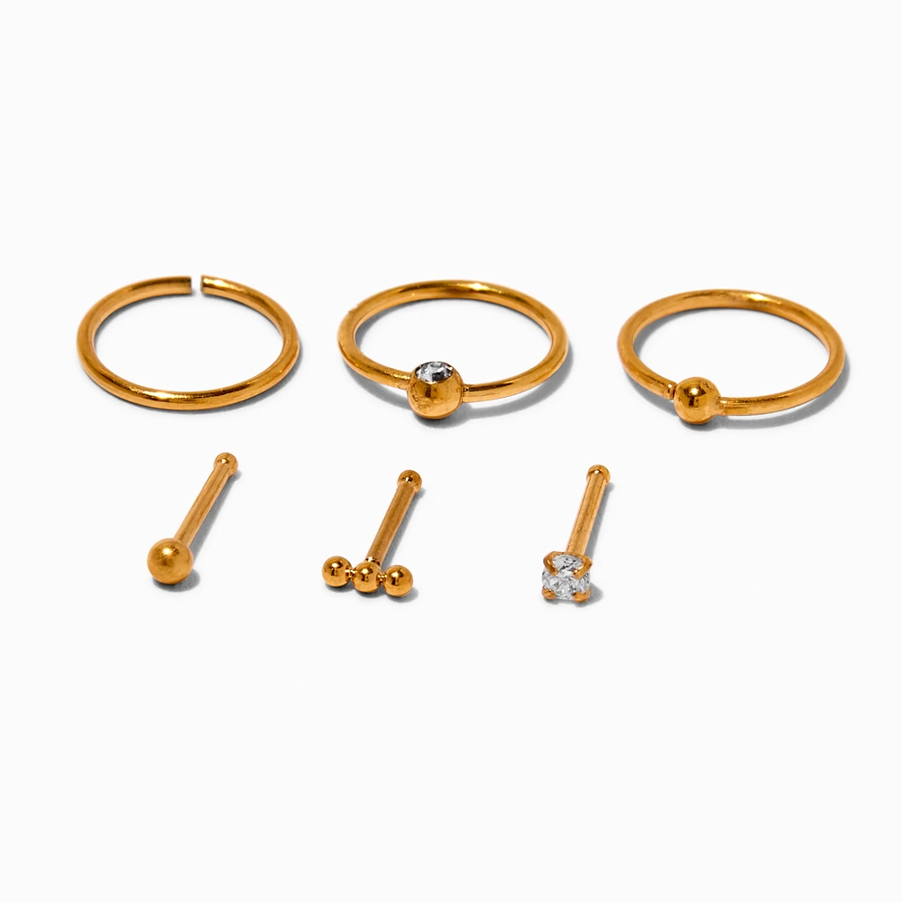 20G Gold-tone Titanium Cubic Zirconia Nose Studs & Hoops - 6 Pack