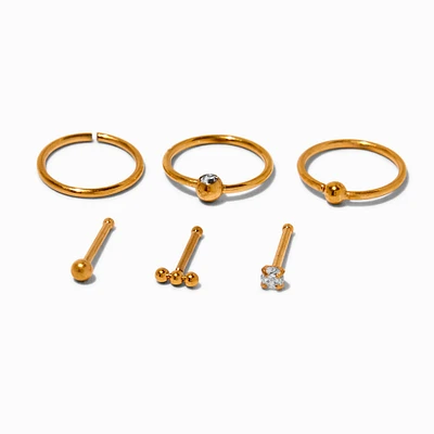 20G Gold-tone Titanium Cubic Zirconia Nose Studs & Hoops - 6 Pack