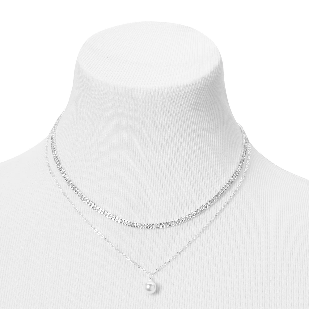 Silver-tone Rhinestone & Pearl Charm Multi-Strand Necklace