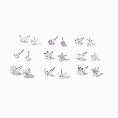 Silver-tone Star Bursts Stud Earrings - 9 Pack 