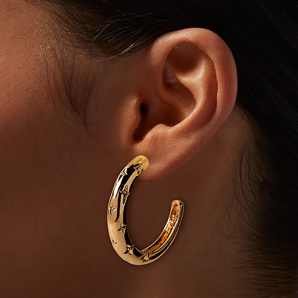 Gold-tone Star Stamped 50mm Hoop Earrings