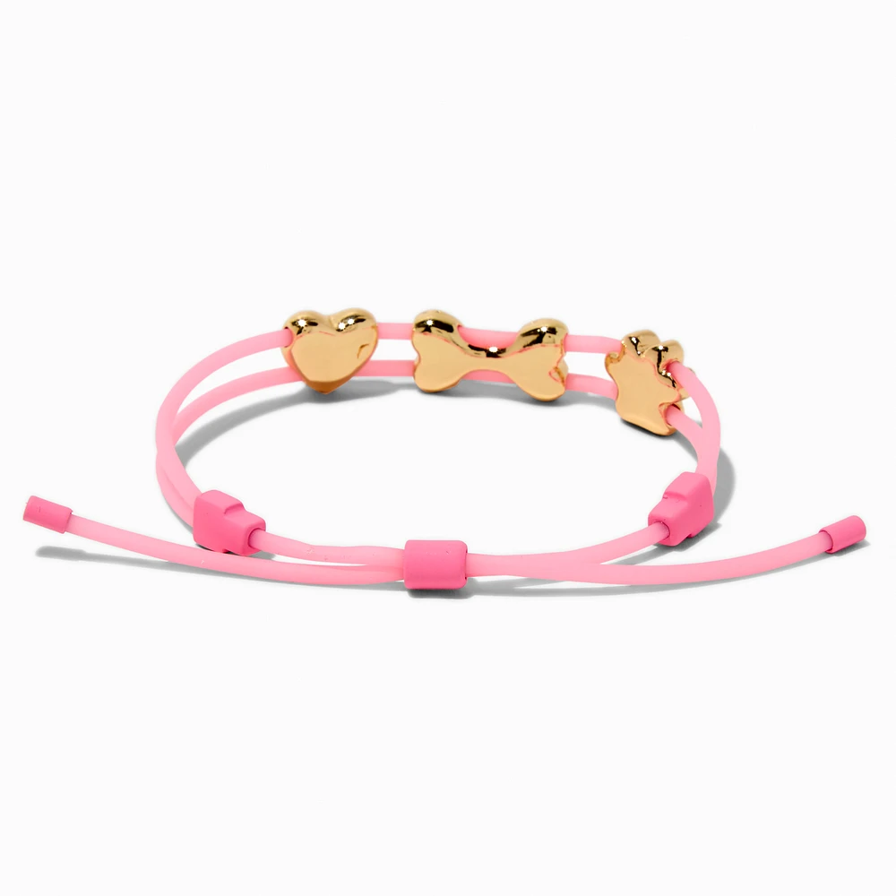 Gold-tone Paw, Bone & Heart Charm Pink Bolo Bracelet