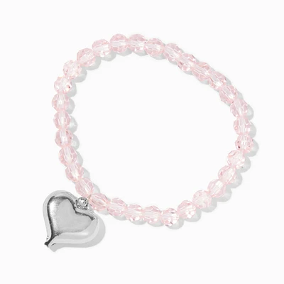 Puffy Heart Charm Pink Beaded Stretch Bracelet
