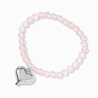 Puffy Heart Charm Pink Beaded Stretch Bracelet