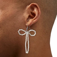 White Pearl Bow 3" Drop Earrings 