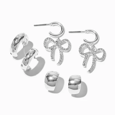 Silver-tone Crystal Bow Earring Stackables Set - 3 Pack
