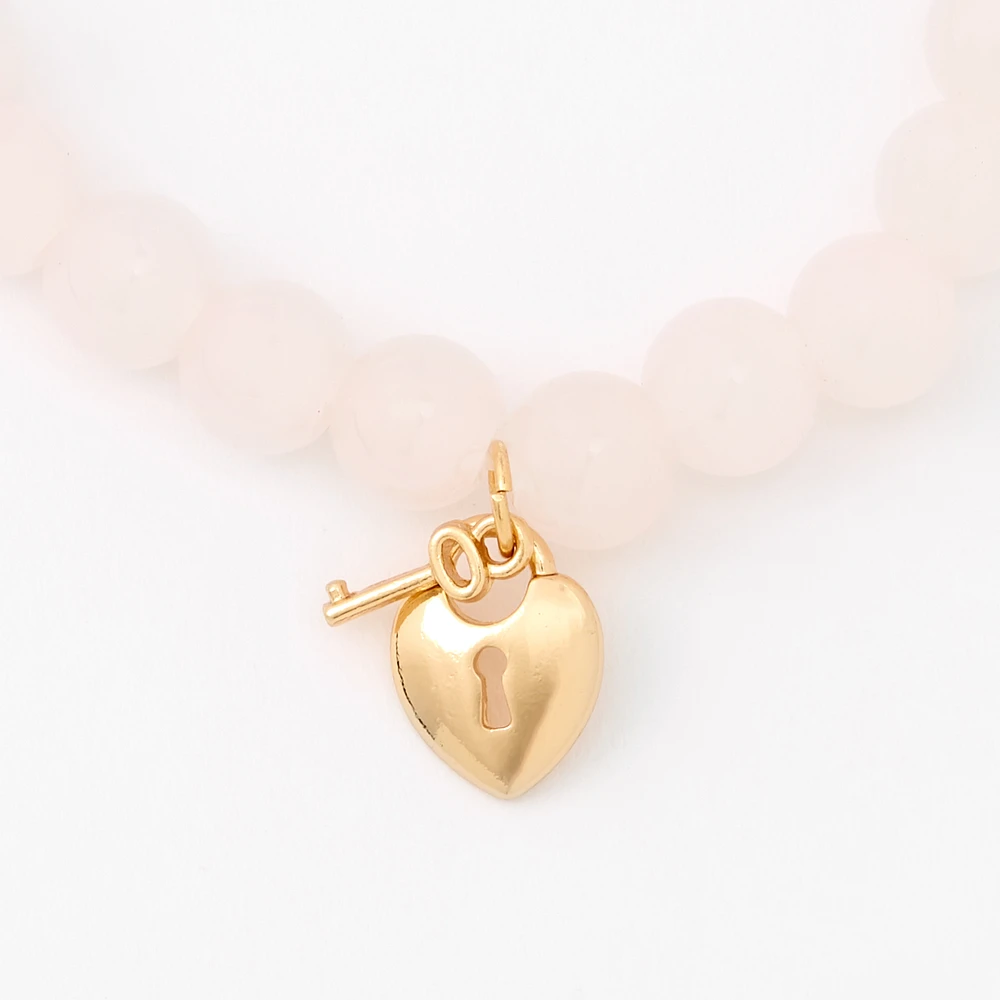 Gold Heart Lock & Key Blush Pink Beaded Stretch Bracelet