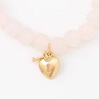 Gold Heart Lock & Key Blush Pink Beaded Stretch Bracelet