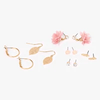 Pink Flower Gold-tone Mixed Earrings Set - 6 Pack 