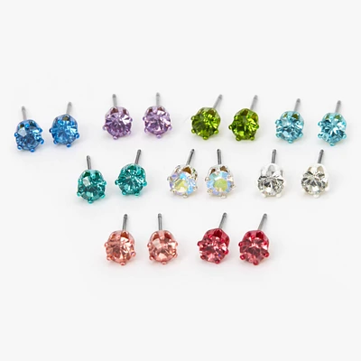 Pastel Rainbow Crystal Round Stud Earrings - 9 Pack