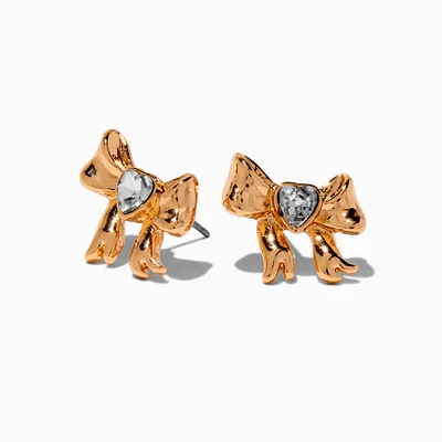 Gold-tone Crystal Heart Bow Stud Earrings