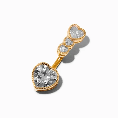 Gold-tone Stainless Steel Cubic Zirconia Heart 14G Belly Bar