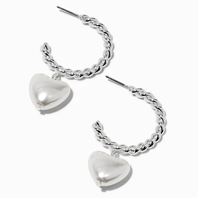 Silver-tone Twisted 30mm Hoops with Pearl Puffy Hearts 
