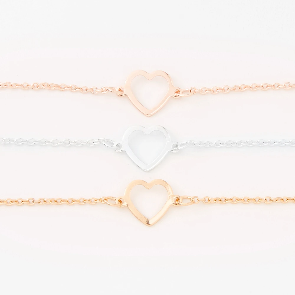 Mixed Metal Heart Cutout Chain Bracelets - 3 Pack