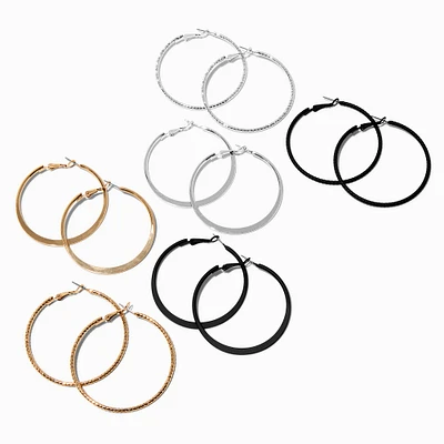 Mixed Metal 50mm Hoop Earrings - 6 Pack