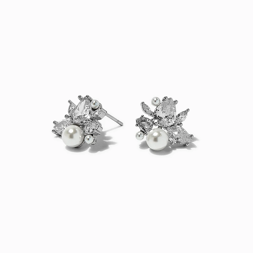 Silver-tone Pearl & Cubic Zirconia Cluster Stud Earrings