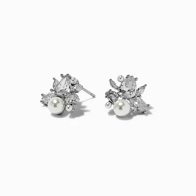 Silver-tone Pearl & Cubic Zirconia Cluster Stud Earrings 