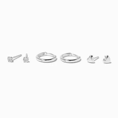 C LUXE by Claire's Sterling Silver Cubic Zirconia 2mm Round Stud, Hearts & 8mm Clicker Hoop Earrings - 3 Pack 