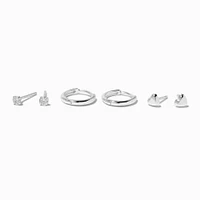 C LUXE by Claire's Sterling Silver Cubic Zirconia 2mm Round Stud, Hearts & 8mm Clicker Hoop Earrings - 3 Pack 