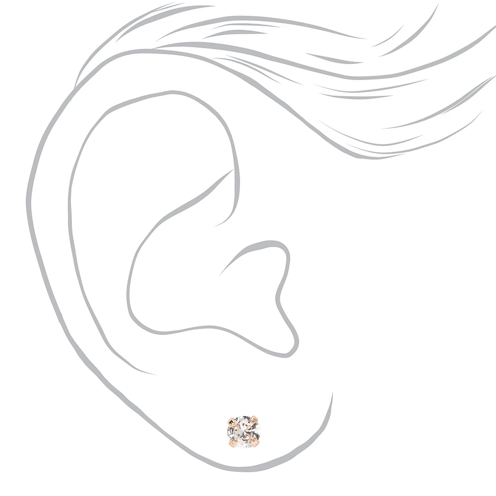 Rose Gold-tone Cubic Zirconia 3mm, 4mm, & 5mm Round Stud Earrings - 3 Pack