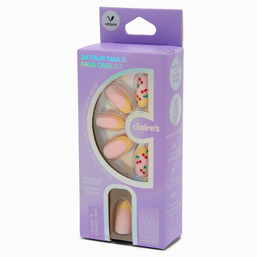 Yellow French Tip Cherry Almond Vegan Faux Nail Set - 24 Pack