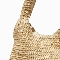 Tan Pearl Woven Slouchy Shoulder Bag