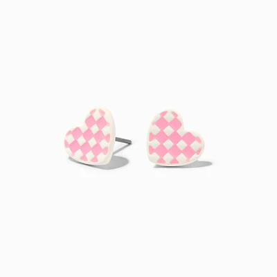 Pink Glow In The Dark Checkered Heart Stud Earrings