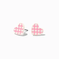 Pink Glow In The Dark Checkered Heart Stud Earrings