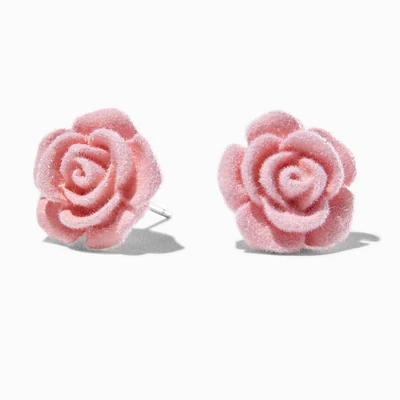 Carved Pink Velvet Rose Stud Earrings