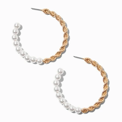 Gold-tone Twisted Pearl 50mm Hoop Earrings