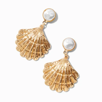 Gold-tone Pearl Seashell Drop Earrings
