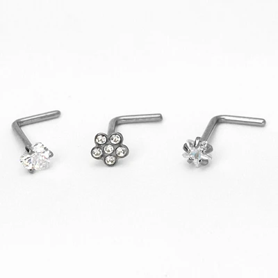 Silver-tone Titanium 20G Flower, Heart & Star Nose Studs - 3 Pack