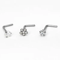 Silver-tone Titanium 20G Flower, Heart & Star Nose Studs - 3 Pack