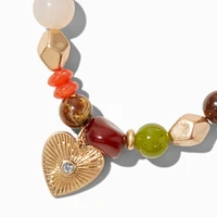 Gold-tone Textured Heart Boho Beaded Stretch Bracelet