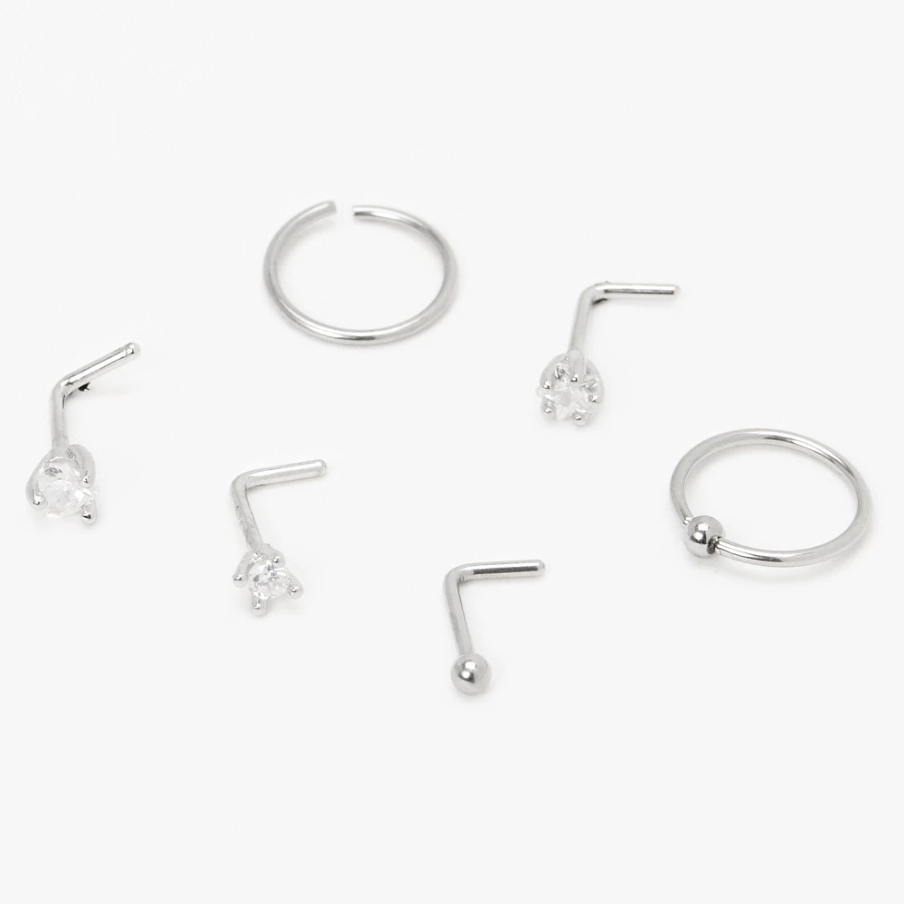 20G Silver-tone Stainless Steel Cubic Zirconia Star Heart Mixed Nose Rings - 6 Pack