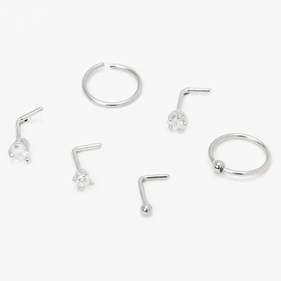  20G Silver-tone Stainless Steel Cubic Zirconia Star Heart Mixed Nose Rings - 6 Pack