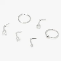  20G Silver-tone Stainless Steel Cubic Zirconia Star Heart Mixed Nose Rings - 6 Pack