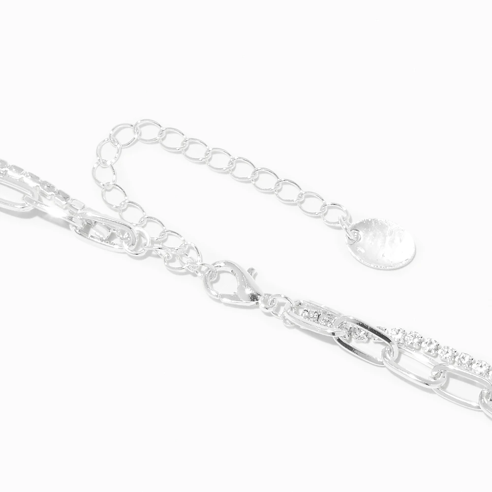 Silver Crystal & Paperclip Chain Multi-Strand Necklace