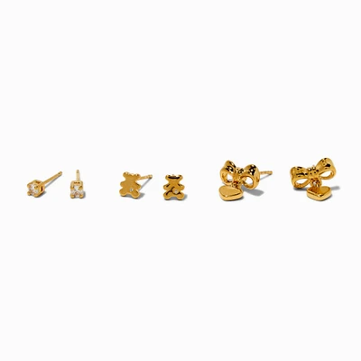 C LUXE by Claire's 18kt Gold Plated Cubic Zirconia Studs, Bears, & Bows Earrings - 3 Pack