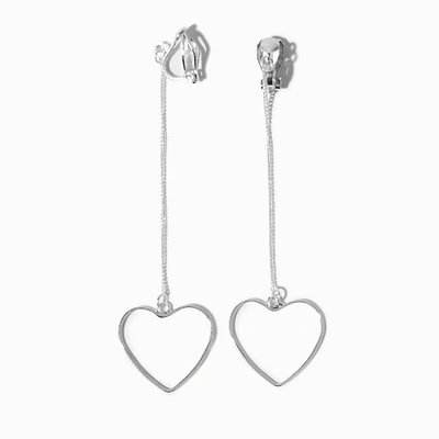 Silver-tone Linear Heart Clip-On Drop Earrings