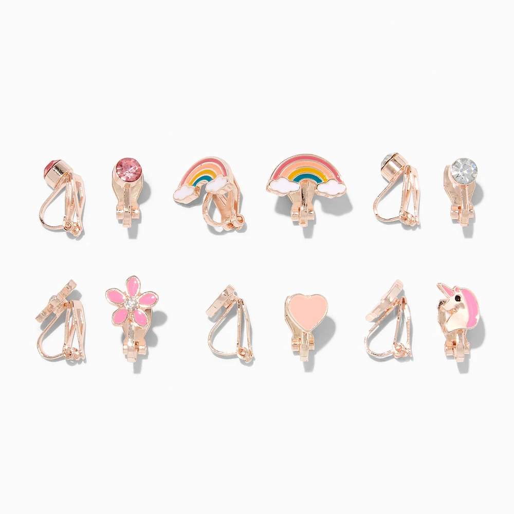 Rose Gold-tone Embellished Rainbow Clip-On Earrings - 6 Pack